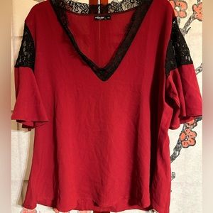 Red Blouse with Black Lace Neckline and Sleeves; Great Condition!!!!